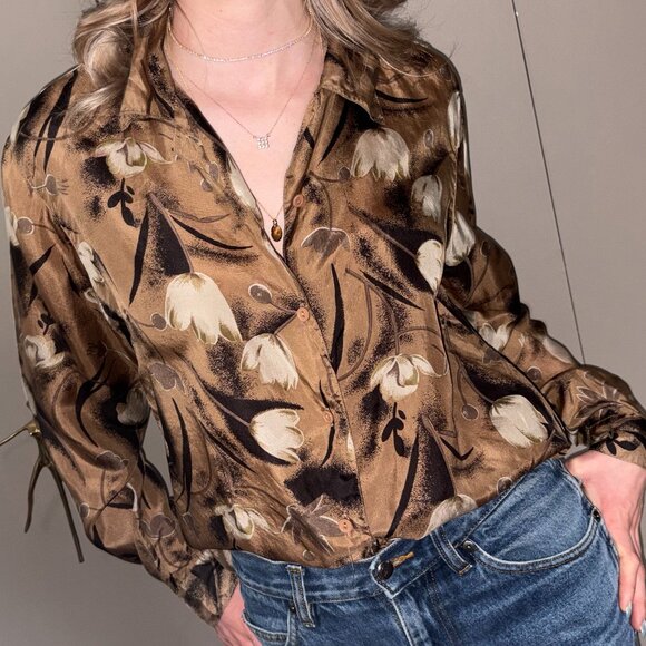 Vintage Essential Needs Silk Blouse with Tulips Sz M - Picture 1 of 7